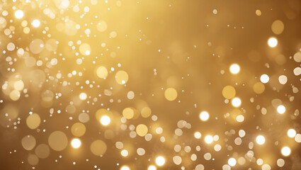 Gold dust particles flying in the air lingering slowly. Bokeh gold lights on yellow background. Christmas Holiday festive golden backdrop. Copy space