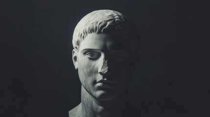 Close-up of a classical male bust sculpture against a dark background.