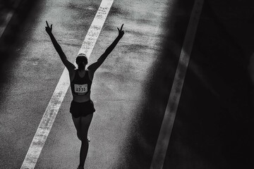 A runner crossing the finish line, arms raised in triumph.