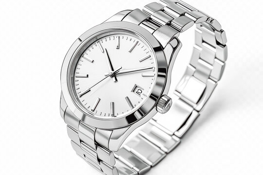 A stainless steel wristwatch on a clear, transparent background.