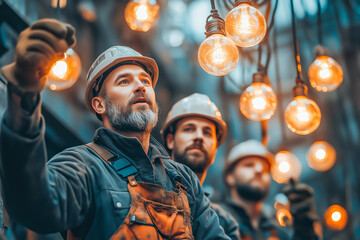 Obraz premium A team of workers installing energy-efficient lighting in a new green corporate headquarters