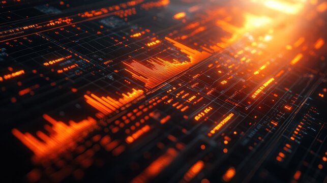 Abstract digital data visualization with glowing orange lines and graphs.