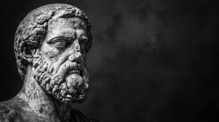 Close-up of a weathered, ancient marble bust of a bearded man against a dark background.