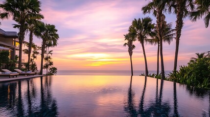 Obraz premium Tranquil Infinity Pool Sunset Tropical Paradise