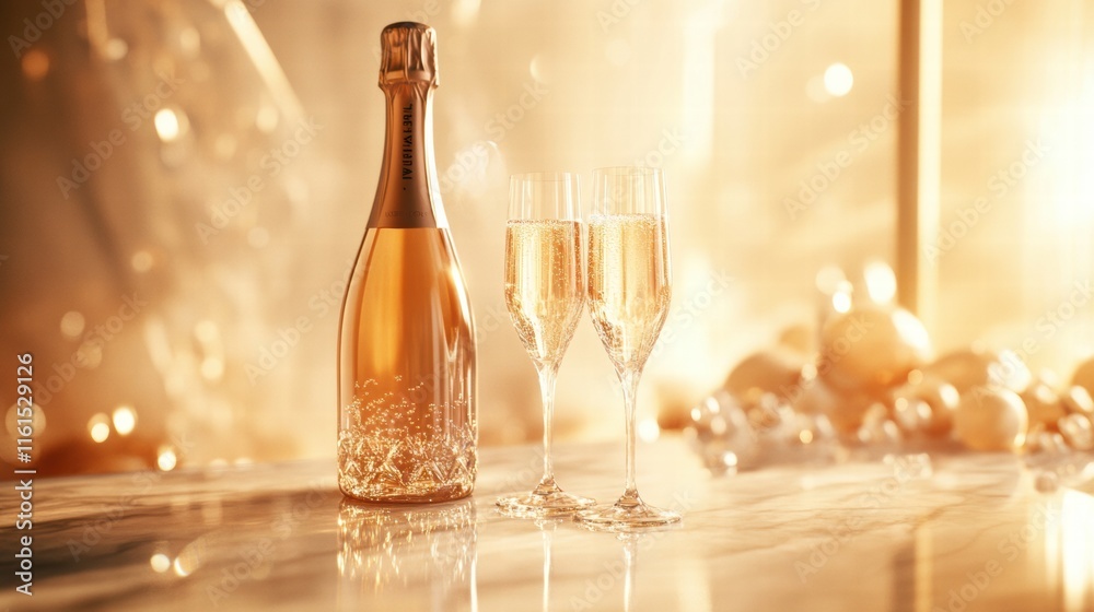 Poster elegant champagne bottle beside two crystal flutes on a luxurious table setting with sparkling decor