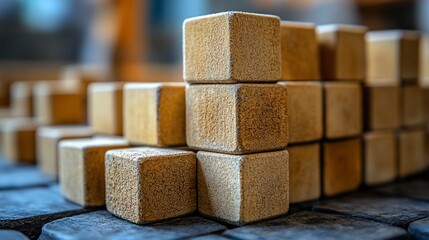 Close-up of stacked light brown wooden blocks.