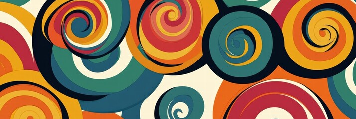 Fototapeta premium Colorful retro inspired pattern featuring spirals and curved lines in vibrant 70s color palette. Generative AI