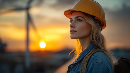 Woman engineer sunset wind turbine.