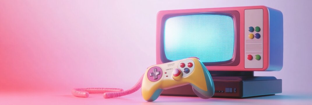 Retro gaming console setup with colorful controller and vintage television in a nostalgic gaming environment. Generative AI - Powered by Adobe