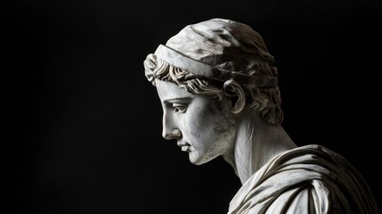 Close-up profile of classical marble bust sculpture against black background.
