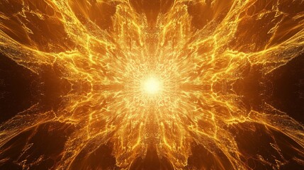 Obraz premium Abstract fiery explosion radiating outwards, symmetrical golden fractal pattern.