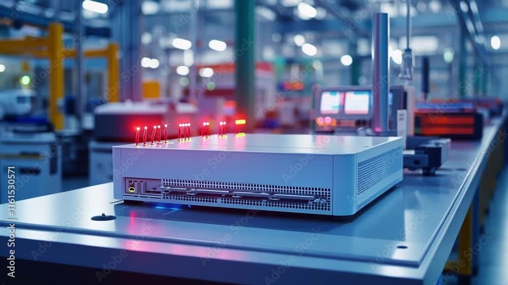 Poster a highdetail view of a network router installed in a factory environment with blinking lights indica
