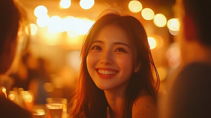 Smiling young woman at night market.