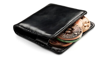 sleek black wallet holds cryptocurrency coins, symbolizing digital finance