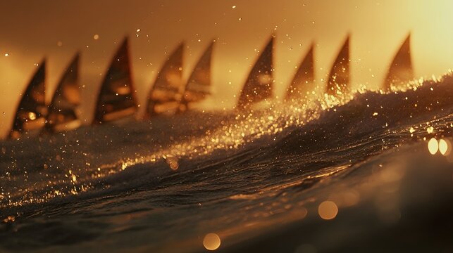 Silhouetted sailboats race across the water at sunset, creating a golden, sparkling wave. Water droplets and bokeh effect add to the dramatic scene. - Powered by Adobe