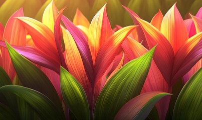 Fototapeta premium Vibrant orange and pink tropical flowers in sunlight.
