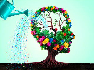 A human brain growing from a tree with flowers, a watering can is pouring water on the mind. mental health concept.