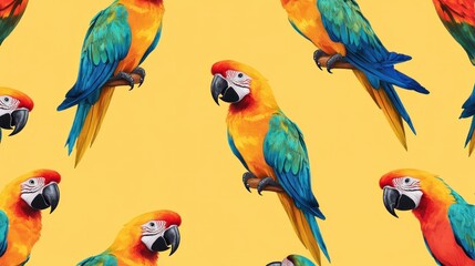Obraz premium Colorful macaw parrots seamless pattern on yellow background.