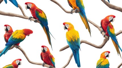 Obraz premium Colorful macaws perched on branches, seamless pattern. (2)