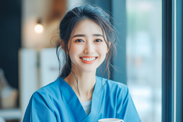 Fototapeta premium Asian healthcare worker in blue scrubs enjoying coffee beside the window