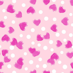 Pink Background With Purple Hearts and White Polka Dot Design Seamless Pattern. Abstract repeated texture. Good choice for clothes prints, wrapping paper, greeting card , background, and wallpaper
