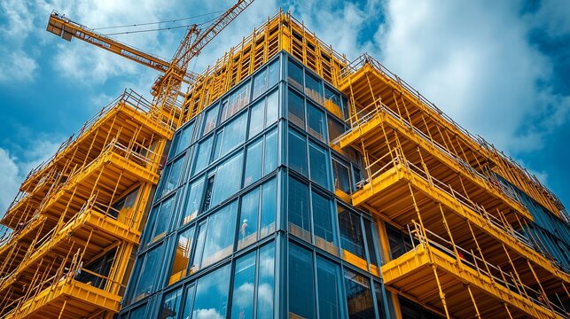 Modern building under construction with crane.