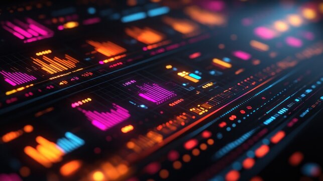 Abstract futuristic digital data interface with glowing graphs and charts.