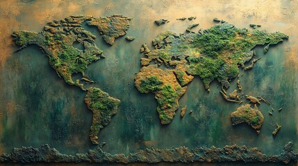 Embossed world map with moss texture on metallic background.