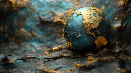 Golden North America on teal globe resting on textured surface.