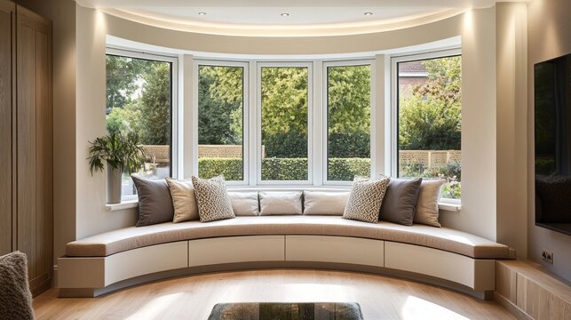 Curved bay window seat with cushions in modern living room.
