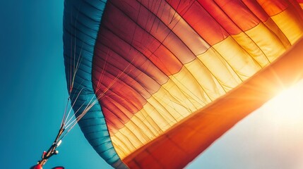 Fototapeta premium Colorful paragliding wing soaring in a clear blue sky.