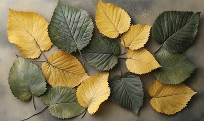 Fototapeta premium Autumn leaves arranged on textured background.