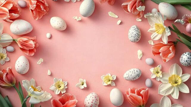 Decorative easter eggs and spring flowers in a circular arrangement on pink background, celebrating new beginnings and renewal concept