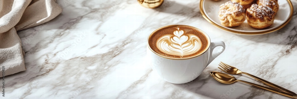 Poster premium coffee served with intricate latte art alongside pastries in a cozy cafe setting. generative