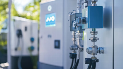 close up of hydrogen production facility showcasing advanced equipment and technology. image highlights intricate details of valves and gauges, emphasizing innovation in clean energy