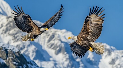 Obraz premium Two Bald Eagles Soaring Over Snowy Mountains