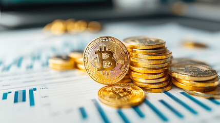 stack of golden bitcoins on financial chart, symbolizing cryptocurrency growth and investment opportunities