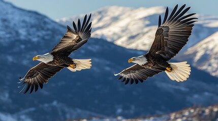 Obraz premium Two Bald Eagles Soaring Majestically Over Snowy Mountains