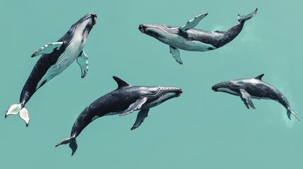 Fototapeta premium Four humpback whales swimming underwater, various poses.