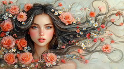 Elegant Woman with Roses and Daisies in Her Wavy Hair
