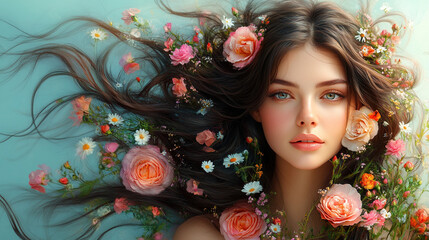 Elegant Woman with Roses and Daisies in Her Wavy Hair