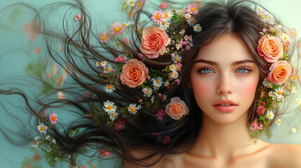 Elegant Woman with Roses and Daisies in Her Wavy Hair