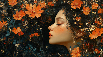 Elegant Woman with Roses and Daisies in Her Wavy Hair