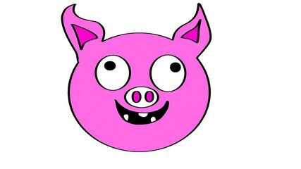 Zabawna ilustracja różowej świnki w kreskówkowym stylu z dużymi oczami, szerokim uśmiechem i wystającymi zębami. Grafika idealna na białym tle do materiałów edukacyjnych, projektów dla dzieci.