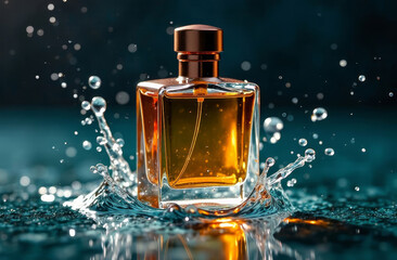 stylish transparent perfume bottle in water, splashing, dark background, product shooting, copy space, mock up