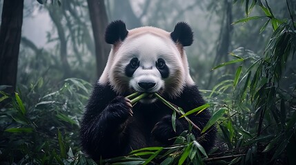 Naklejka premium Giant Panda Eating Bamboo In Misty Forest