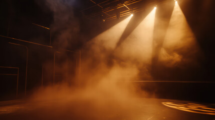 Misty atmosphere on stage with dramatic lighting creating enchanting scene. soft glow of lights enhances mood, perfect for performances or events