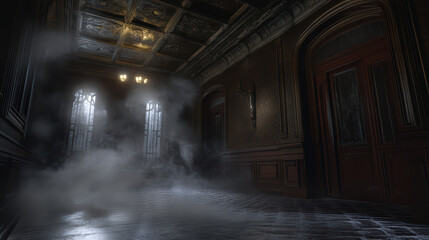 Fototapeta premium Dense mist swirling in dark room creates eerie atmosphere, enhancing depth and mystery of space. intricate details of architecture add to haunting ambiance