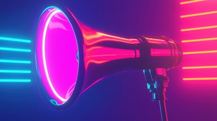 A vibrant megaphone emits colorful lights against a dark background, creating a striking contrast with neon blue and pink accents.