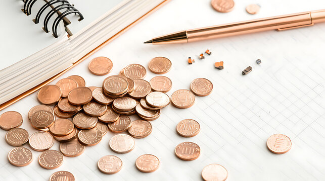 collection of coins scattered on notebook with pen, symbolizing savings